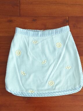 Disaya Light Blue Floral Bead Embellished Mini Skirt with Stripes